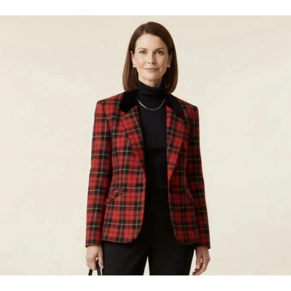 Vtg Alfred Dunner‎ Blazer Womens 12 Red Plaid Wool Velvet Collar 90s Christmas